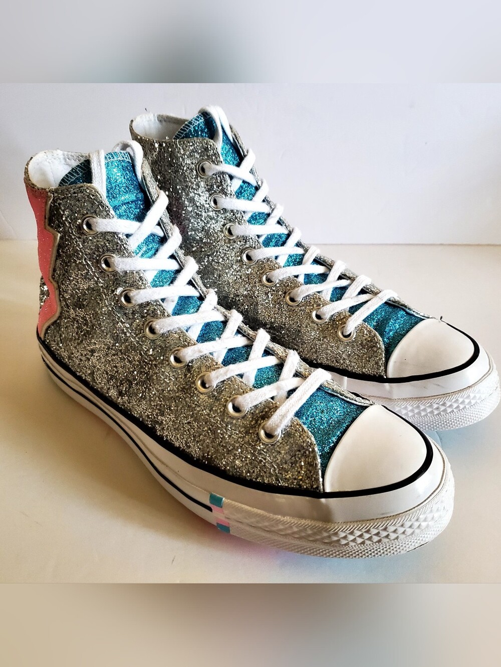 Converse Glitter High-Top Sneakers in Silver, Teal & Pink